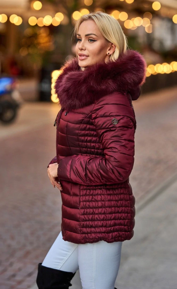 JULIE-dámská zimní bunda s umělou kožešinou-vínová
