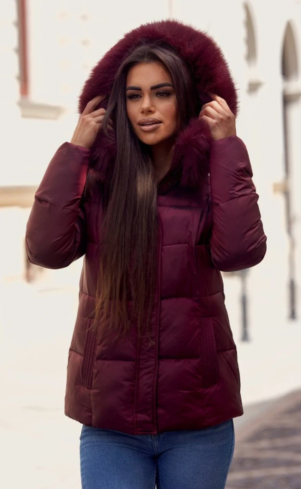 LARA-dámská zimní bunda s umělou kožešinou-VÍNOVÁ
