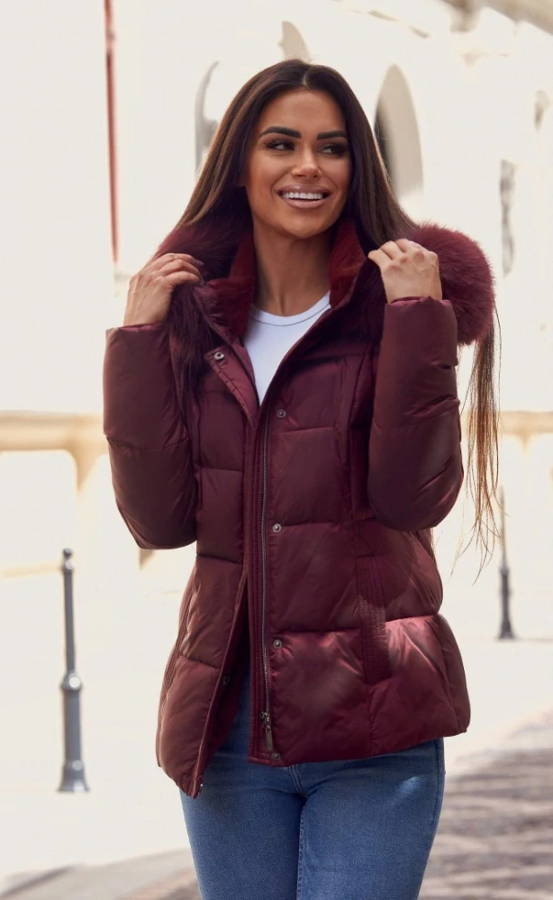 LARA-dámská zimní bunda s umělou kožešinou-VÍNOVÁ
