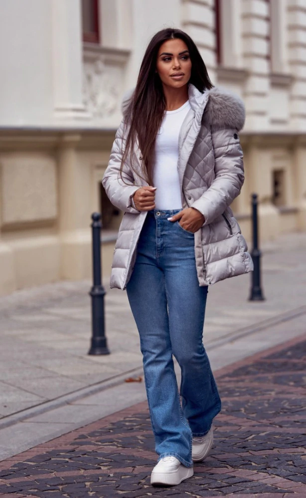 LUISA-dámská zimní bunda s umělou kožešinou-sv.šedá