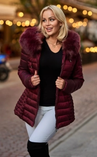 JULIE-dámská zimní bunda s umělou kožešinou-vínová